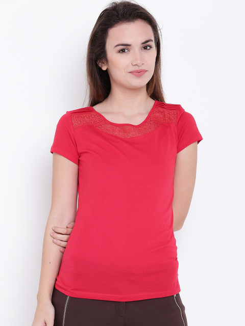 

Madame Women Red Solid Top with Lace Detail
