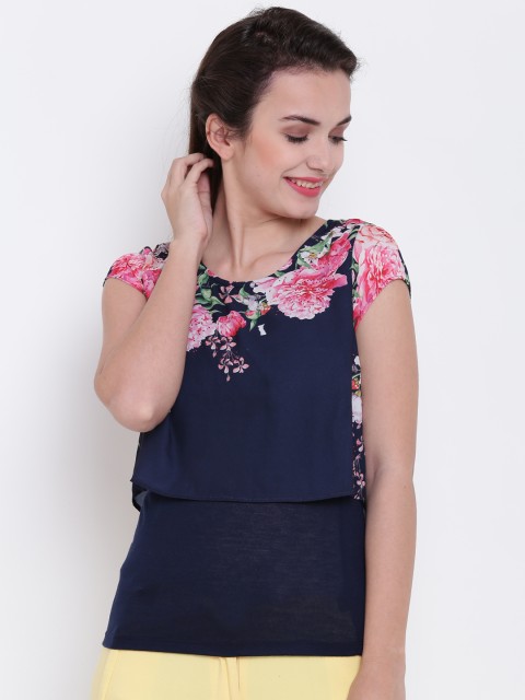 

Madame Women Navy & Pink Printed Layered Styled Back Top, Navy blue