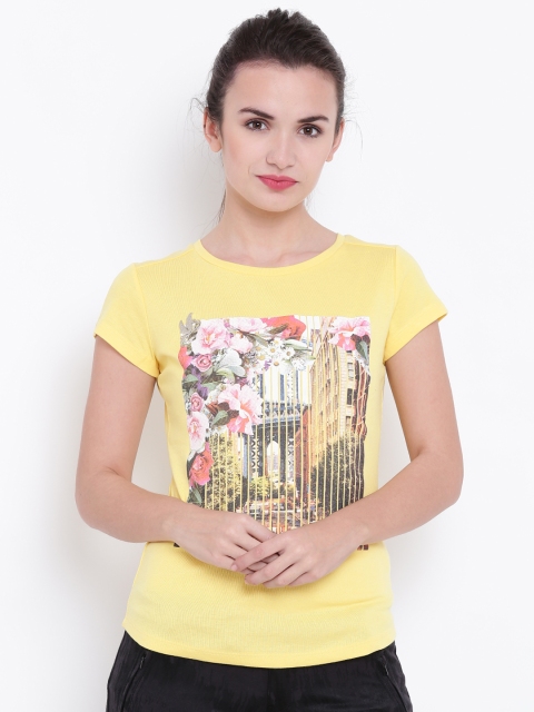 

Madame Women Yellow Printed Round Neck T-shirt