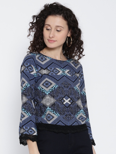 

Madame Women Navy Blue Printed Styled Back Top