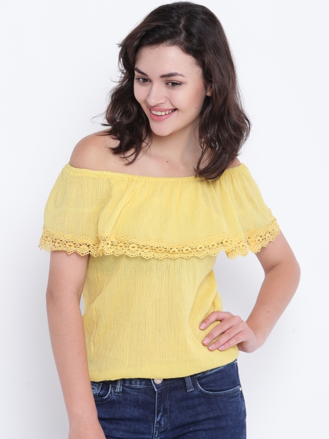 

Madame Women Yellow Layered Bardot Pure Cotton Top