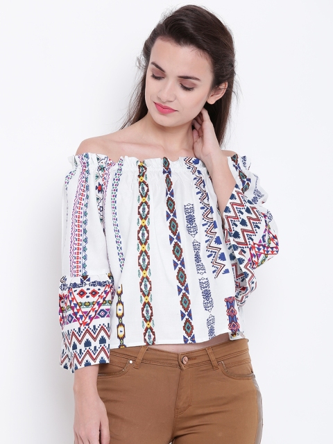 

Madame Women White Printed Crop Bardot Top