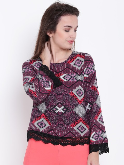 

Madame Women Burgundy & Black Printed Styled Back Top
