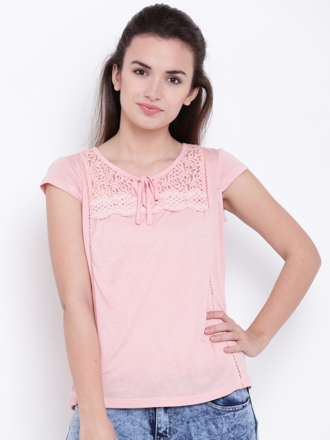 

Madame Women Dusty Pink Solid Top with Lace Inserts