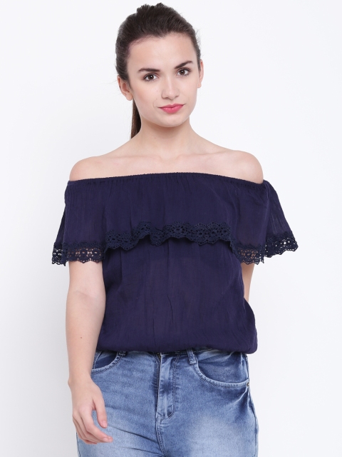 

Madame Women Navy Blue Solid Layered Bardot Pure Cotton Top
