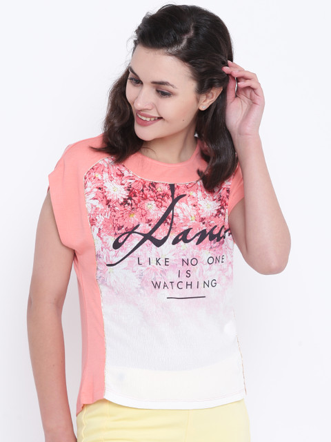

Madame Women Peach-Coloured & Off-White Printed Top