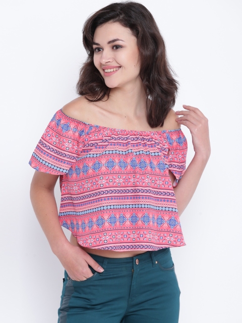 

Madame Women Pink & Blue Printed Crop Bardot Top