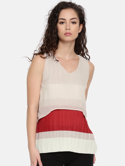 

Madame Women Beige & Rust Red Striped Layered A-Line Top