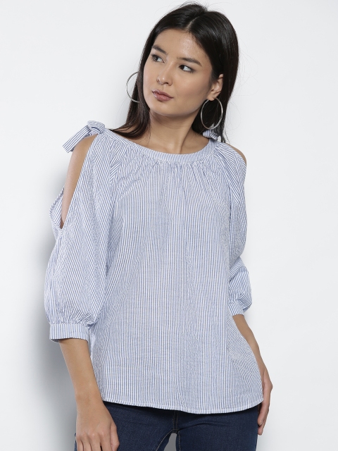 

DOROTHY PERKINS Women Blue Striped Cold-Shoulder Top