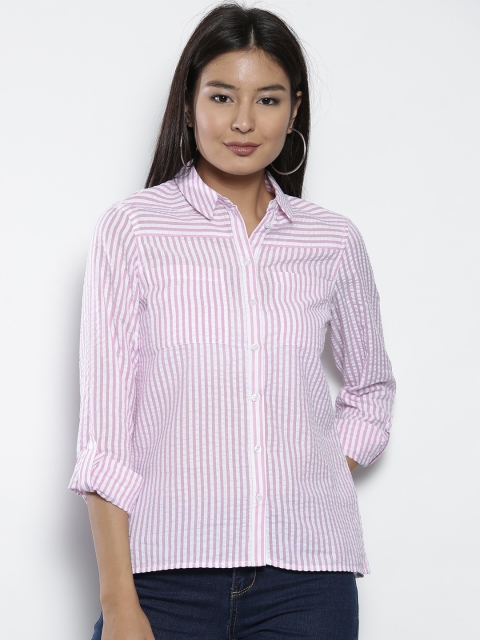 

DOROTHY PERKINS Women Petite Pink & White Regular Fit Striped Casual Shirt