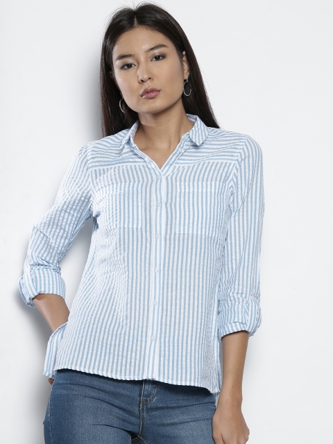 

DOROTHY PERKINS Women Petite Blue & White Regular Fit Striped Casual Shirt