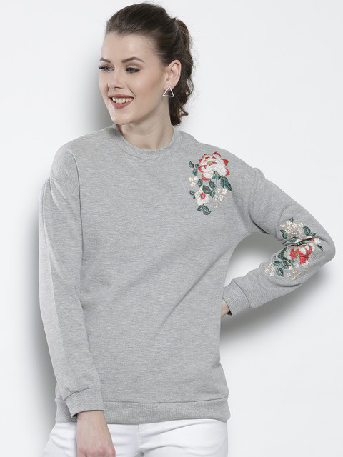 

DOROTHY PERKINS Women Grey Melange Sweatshirt with Floral Embroidery