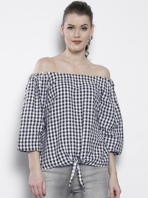 

DOROTHY PERKINS Women Navy Blue & White Checked Bardot Top