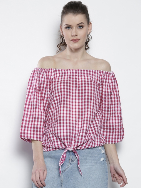 

DOROTHY PERKINS Women Pink & White Checked Bardot Top