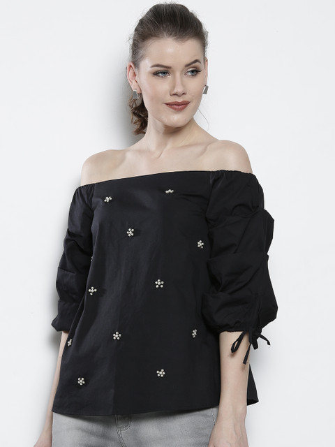

DOROTHY PERKINS Women Black Embellished Bardot Top