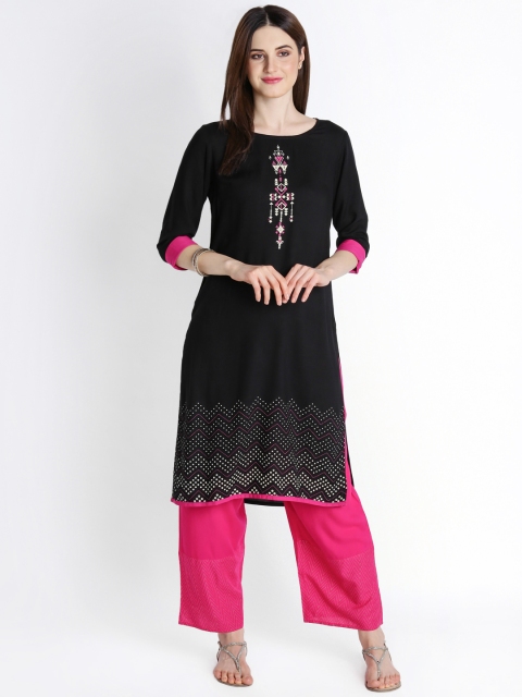 

RANGMANCH BY PANTALOONS Women Black Printed A-Line Handloom Kurta
