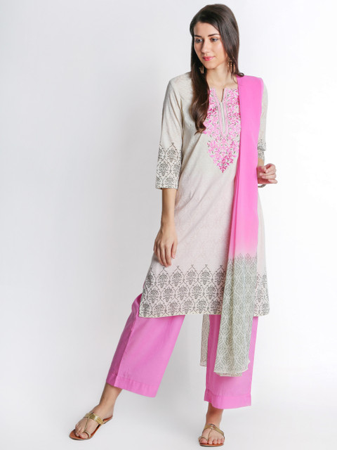 

TRISHAA BY PANTALOONS Women Off-White & Pink Embroidered Kurta with Palazzos & Dupatta