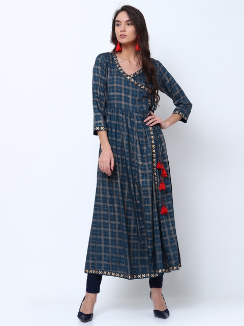 

Vishudh Women Teal & Gold-Toned Checked Anarkali Kurta