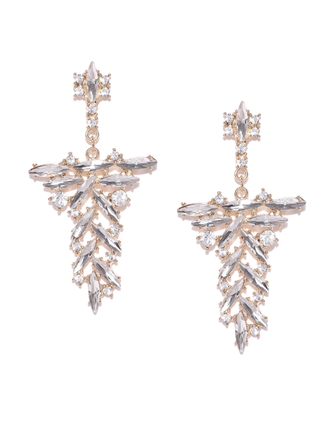 

OOMPH Gold-Toned & White Stone-Studded Contemporary Handcrafted Drop Earrings