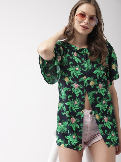 

Mast & Harbour Women Navy & Green Tropical Print Longline Bardot Top, Navy blue