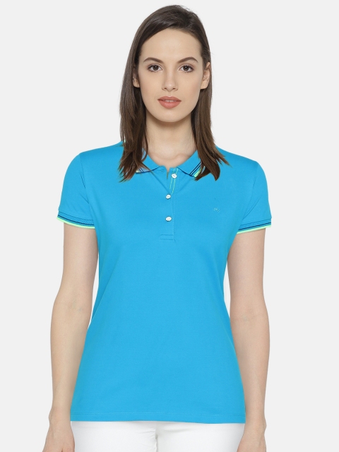 

Monte Carlo Women Turquoise Blue Solid Polo Collar T-shirt