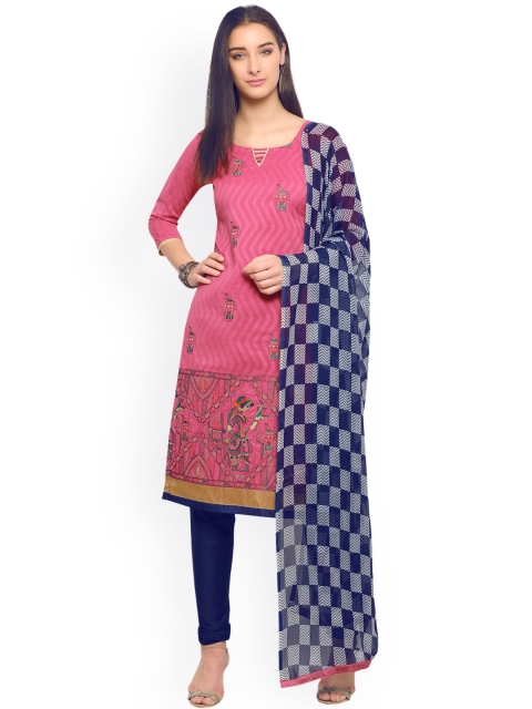 

Satrani Pink & Blue Cotton Blend Unstitched Dress Material