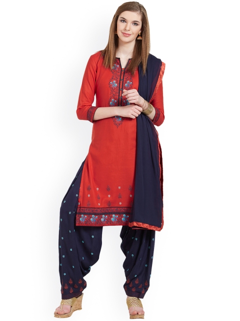 

Kvsfab Red & Navy Blue Cotton Blend Unstitched Dress Material