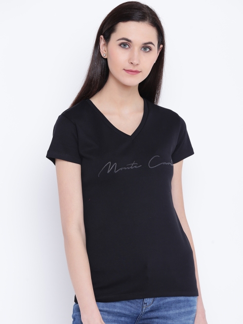 

Monte Carlo Women Black Solid V-Neck T-shirt