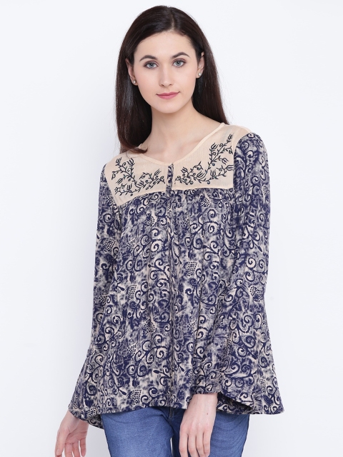 

Monte Carlo Women Navy & Beige Printed A-Line Top, Navy blue