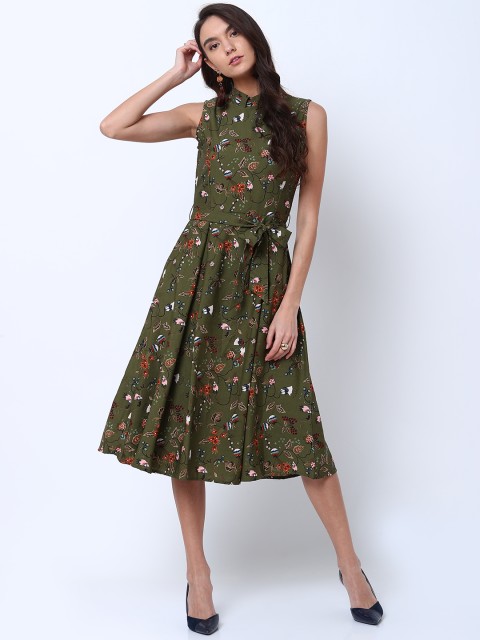 

Tokyo Talkies Women Olive Green Printed Fit & Flare Dress