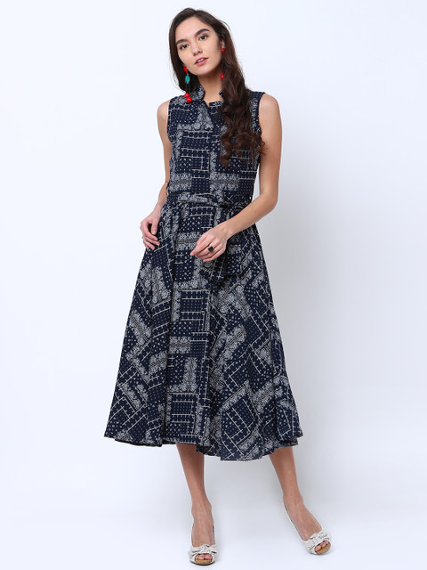 

Tokyo Talkies Women Navy Blue Printed Fit and Flare Dress