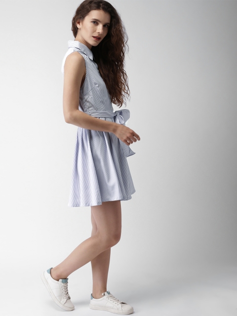 

FOREVER 21 Women White & Blue Striped Shirt Dress