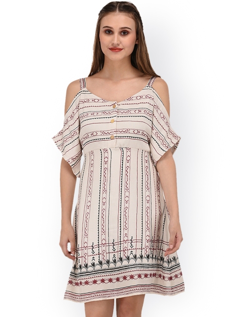 

PURYS Women White Printed Fit and Flare Dress