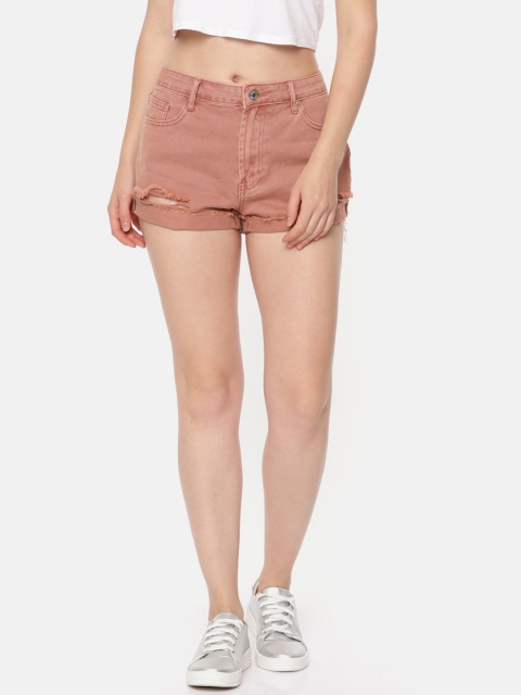 

FOREVER 21 Women Peach-Coloured Solid Regular Fit Denim Shorts