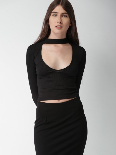 

FOREVER 21 Women Black Striped Fitted Top