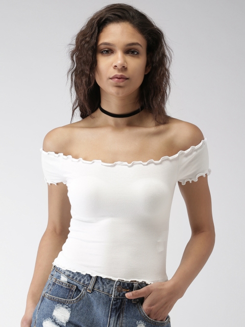 

FOREVER 21 Women Off-White Solid Bardot Top