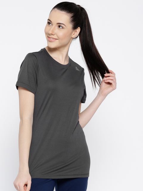 

Reebok Women Charcoal Core Poly Solid Round Neck Training T-shirt