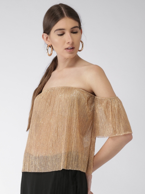 FOREVER 21 Women Gold-Toned Self-Striped Bardot Top FOREVER 21 Women Gold-Toned Self-Striped Bardot Top