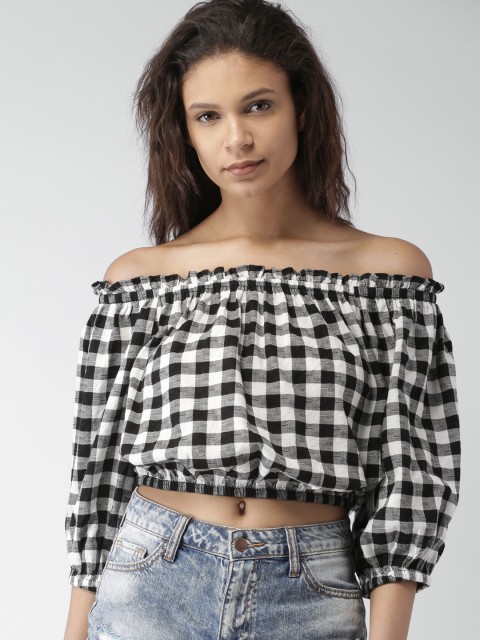 

FOREVER 21 Women Black & White Checked Bardot Top