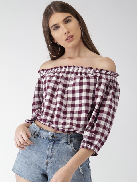 

FOREVER 21 Women Burgundy Checked Bardot Crop Top