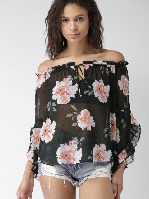 

FOREVER 21 Women Black Printed Bardot Top