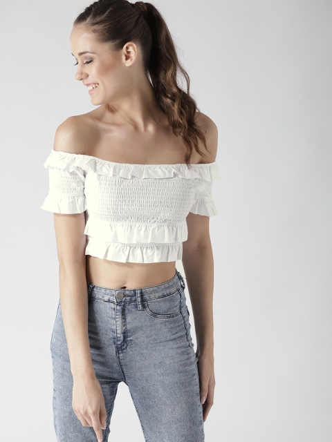 

FOREVER 21 Women White Printed Bardot Crop Top
