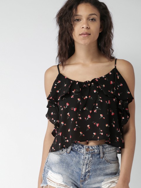

FOREVER 21 Women Black Printed Crop Top