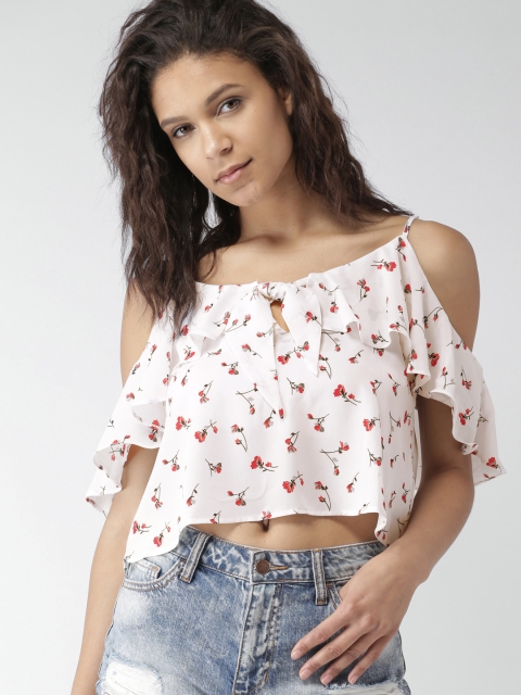 

FOREVER 21 Women Cream-Coloured Printed Cold Shoulder Crop Top