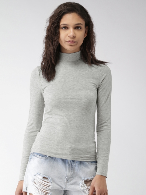 

FOREVER 21 Women Grey Solid High Neck T-shirt