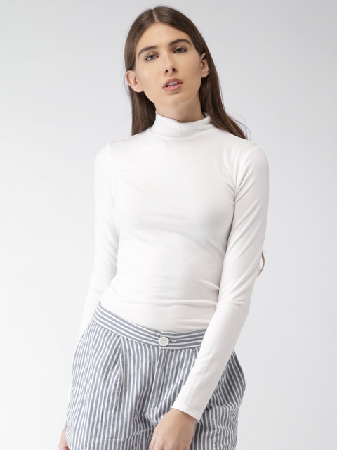 

FOREVER 21 Women Off-White Solid High Neck T-shirt