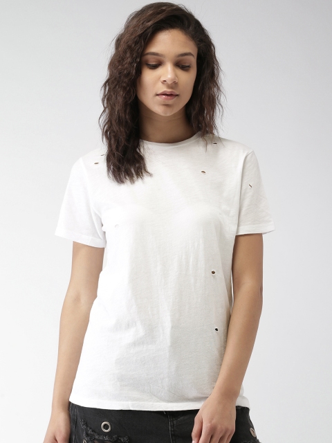 

FOREVER 21 Women White Solid Round Neck T-shirt