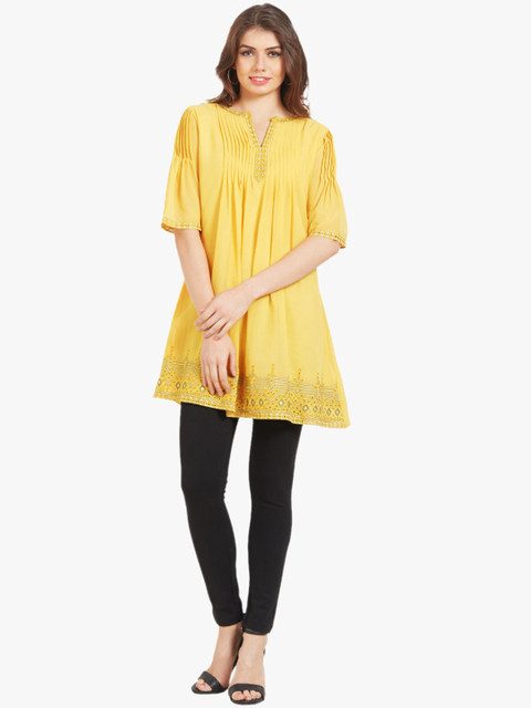 

Kvsfab Women Yellow Woven Design Kurti