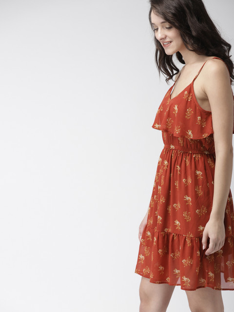 

Mast & Harbour Women Rust Orange Printed Fit and Flare Dress