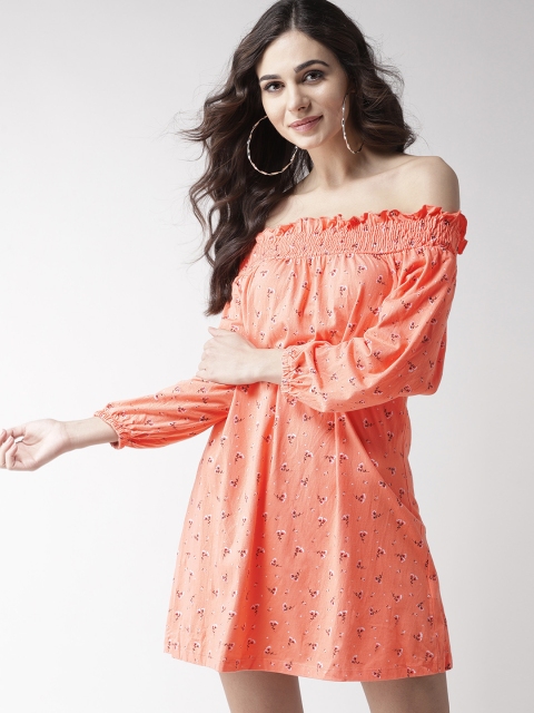 

Mast & Harbour Women Peach-Coloured Printed Off-Shoulder A-Line Dress